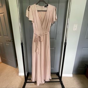 Lulus blush pink/cream floor length dress with low v-neck and waist tie detail